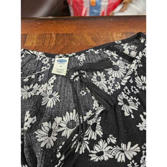 Y2k Babydoll Dark Black Floral V Neck Shirt Top Size M Old Navy Boho Bohemian - Picture 4 of 7